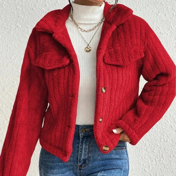 Red Casual Women's Plush Flap Jacket - Picture 4 of 6